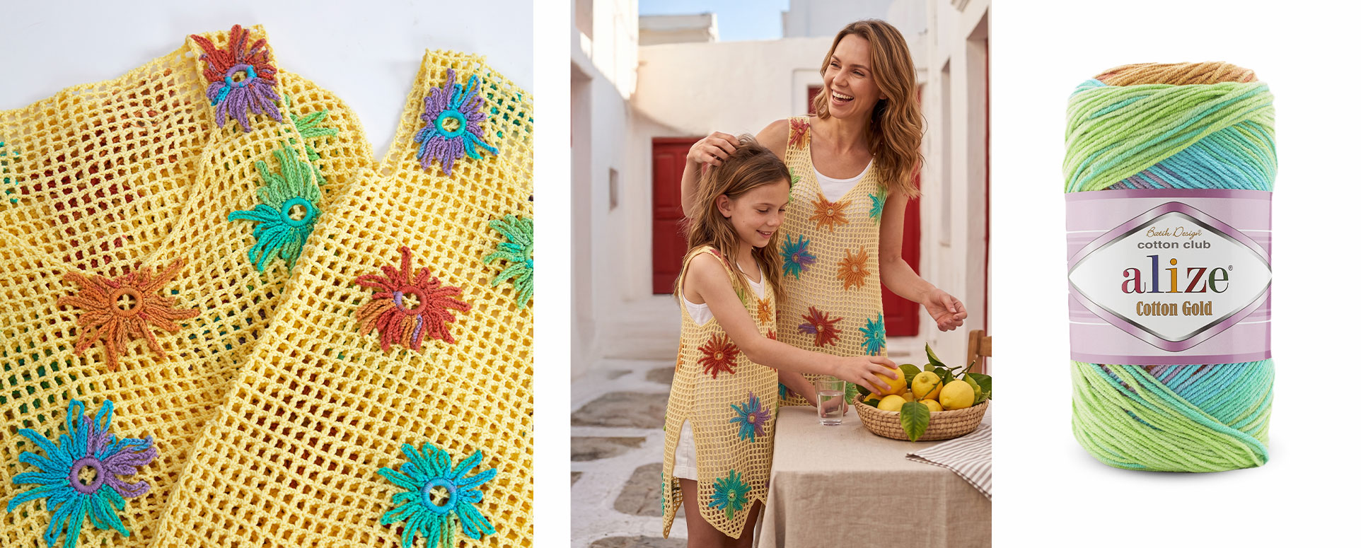 Filet crochet flower-detail beach dress in Alize Cotton Gold