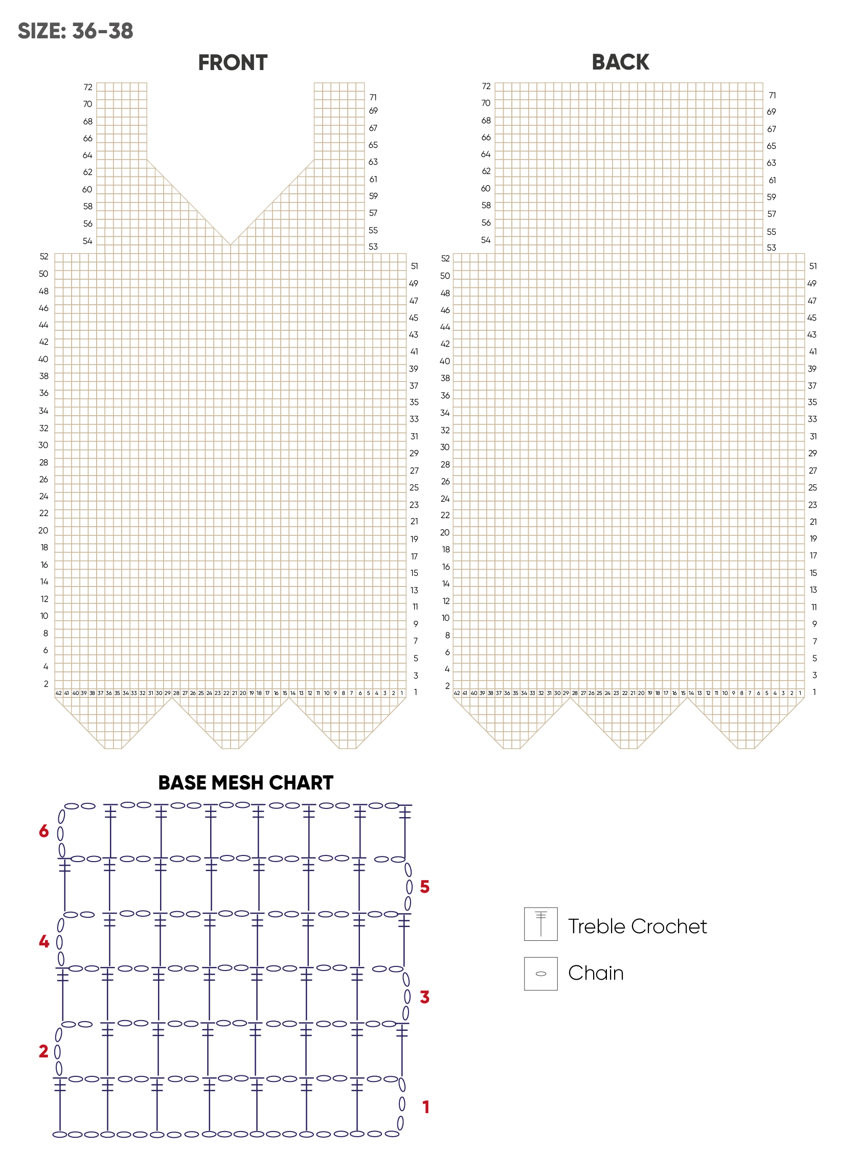 Filet crochet beach dress front and back grid charts, size 36-38, Alize Cotton Gold